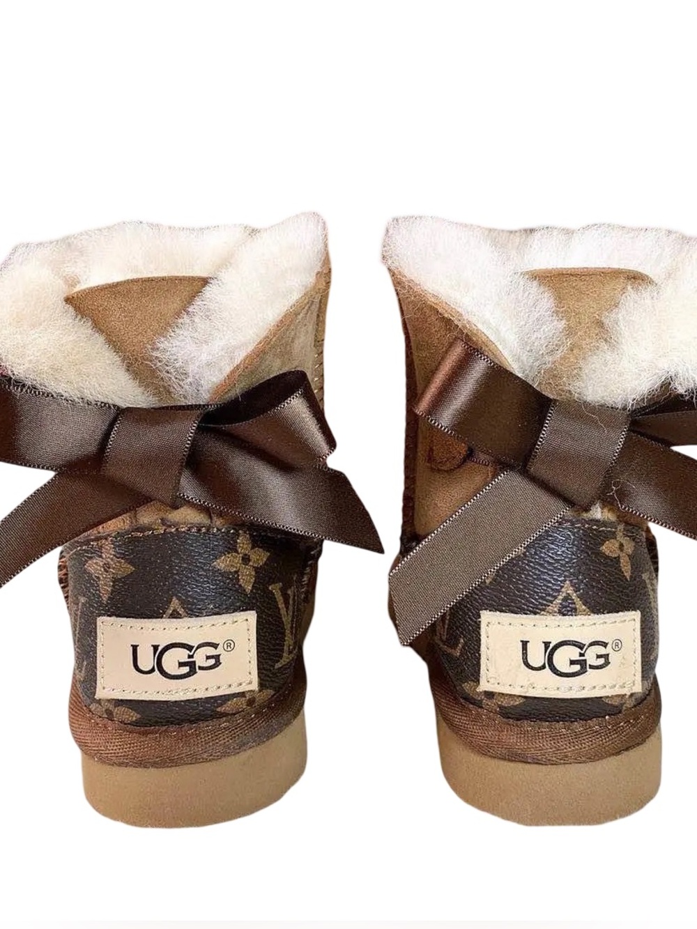 Authentic UGG Custom Sz 9 Brown Monogram Shearling Bow Back Women's Boots